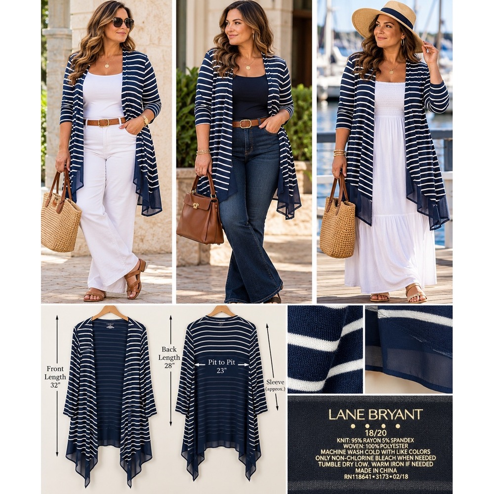 Lane Bryant 18/20 Stripe Cardigan Duster Navy White Coastal Nautical Chiffon Hem